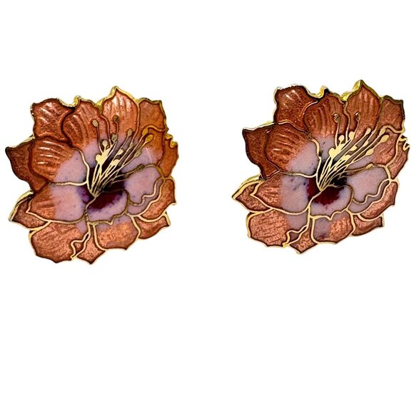 1980s Vintage Gold Tone Cloisonne Flower Clip-On Earrings Pink Mauve Enamel - Picture 1 of 7
